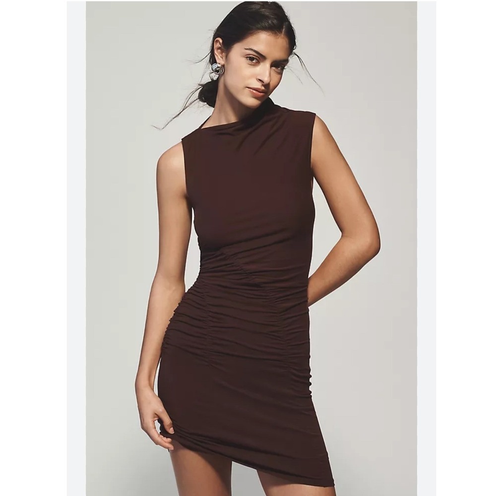 Anthropologie Brown Ruched Mock Neck Sleeveless Bodycon Dress XL Asymmetrical